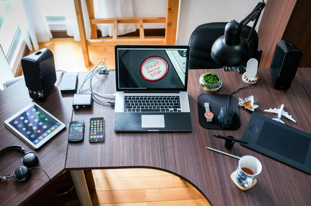 A desk with technology a minimalist uses