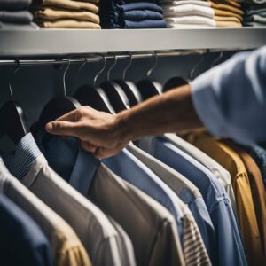 Man in closet choosing a shirt 